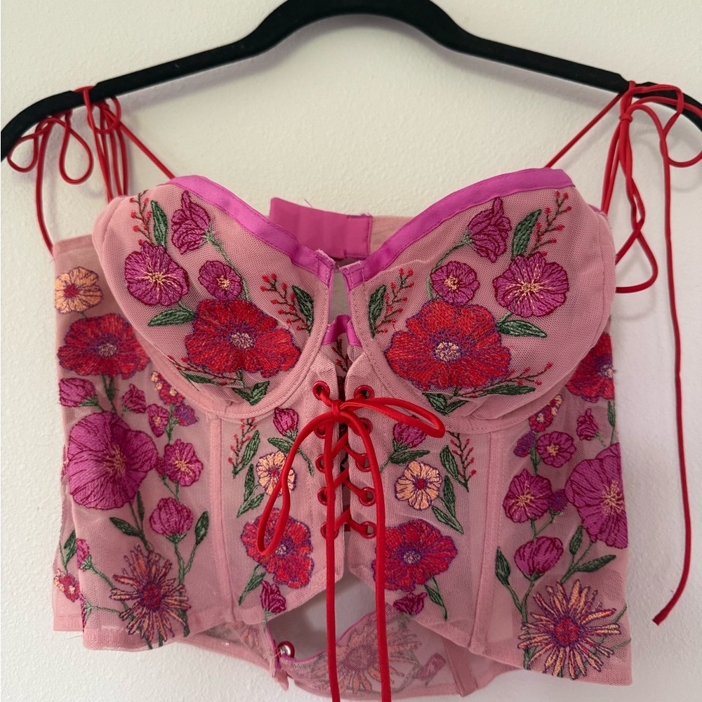 For Love And Lemons Pink Floral Lace-Up Corset